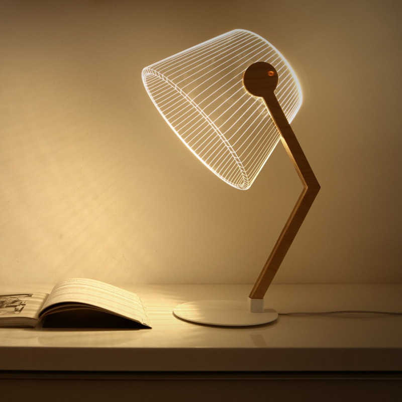 Schreibtischlampen Moderne LED-Schreibtischlampe 3D Visual Bend Study Lesetisch Holzhalterung Acrylplatte Kreative Nachttischdekoration Nachttischlampe P230412