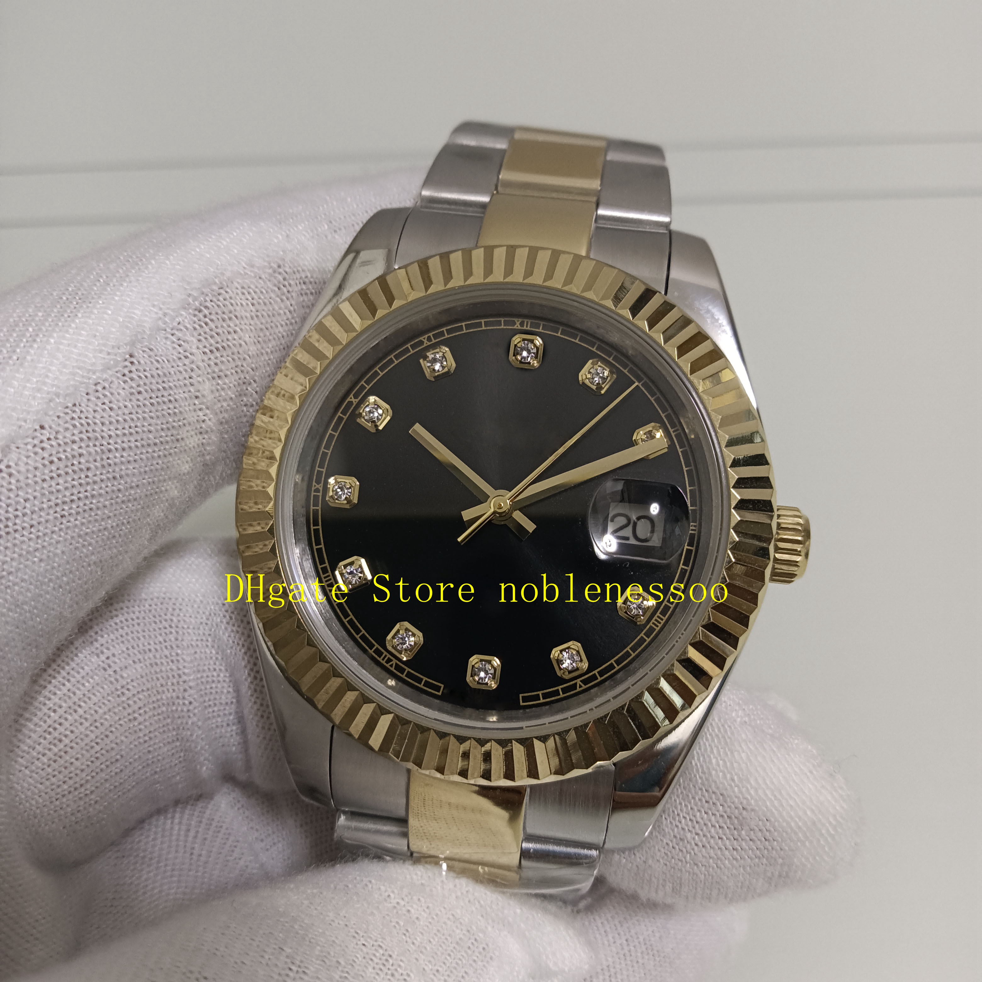 Real Po With Box Automatic Watches Men 41mm 18K Yellow Gold Black Diamond Dial Date Two Tone Bracelet Asia 2813 Movemen236K