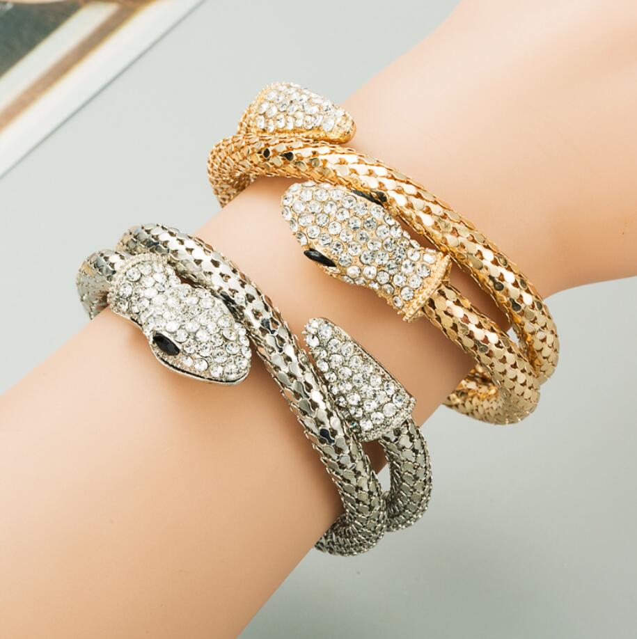 Bracciale da uomo e da donna con strass in lega, personalizzato ed esagerato, avvolto a forma di serpente, con gioielli vintage