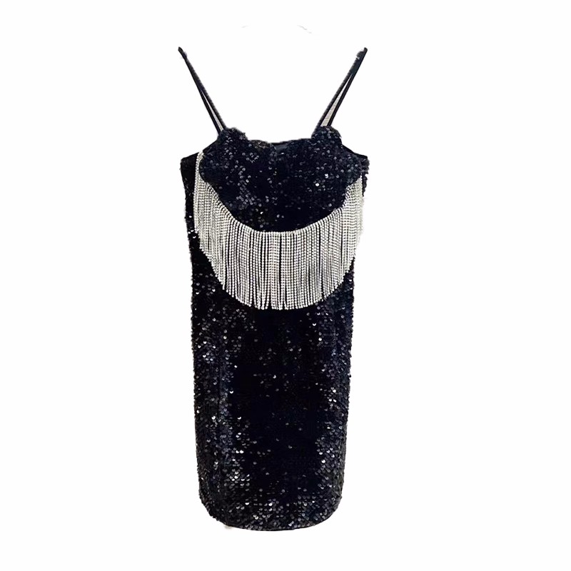 Vestidos de festa femininos design de luxo preto paillette lantejoulas alça espaguete strass borla franja vestidos curtos SMLXL