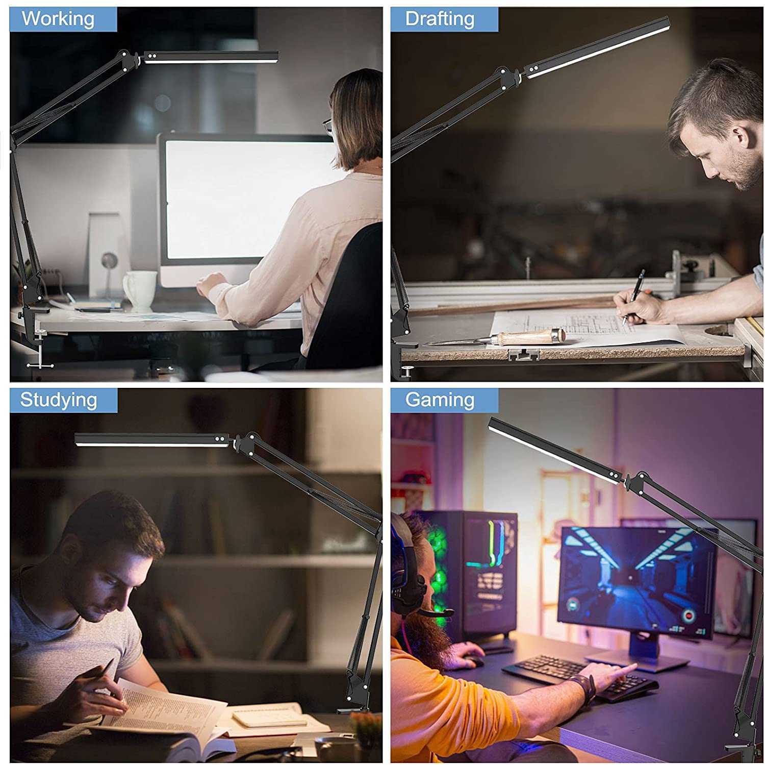 Skrivbordslampor LED-skrivbordslampan Ögonomläppande justerbar svängarmbordsljus med klämläsning Ljus nattljus för studie Läsning Arbetsuppgift/Offi P230412