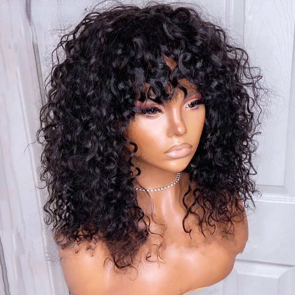 250 Densitet Remy Brasiliansk kort lockig peruk med lugg mänskligt hår afro kinky Curly peruk Highlight Glueless Full Synthetic no Spets Front Wig Wig