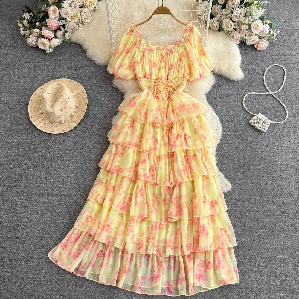 Casual Dresses Summer Women Square Collar Layers Ruffles Cake Long Dress Runway Summer Yellow Flower Print Chiffon Drawstring Elastic Waist Maxi Dress 2024