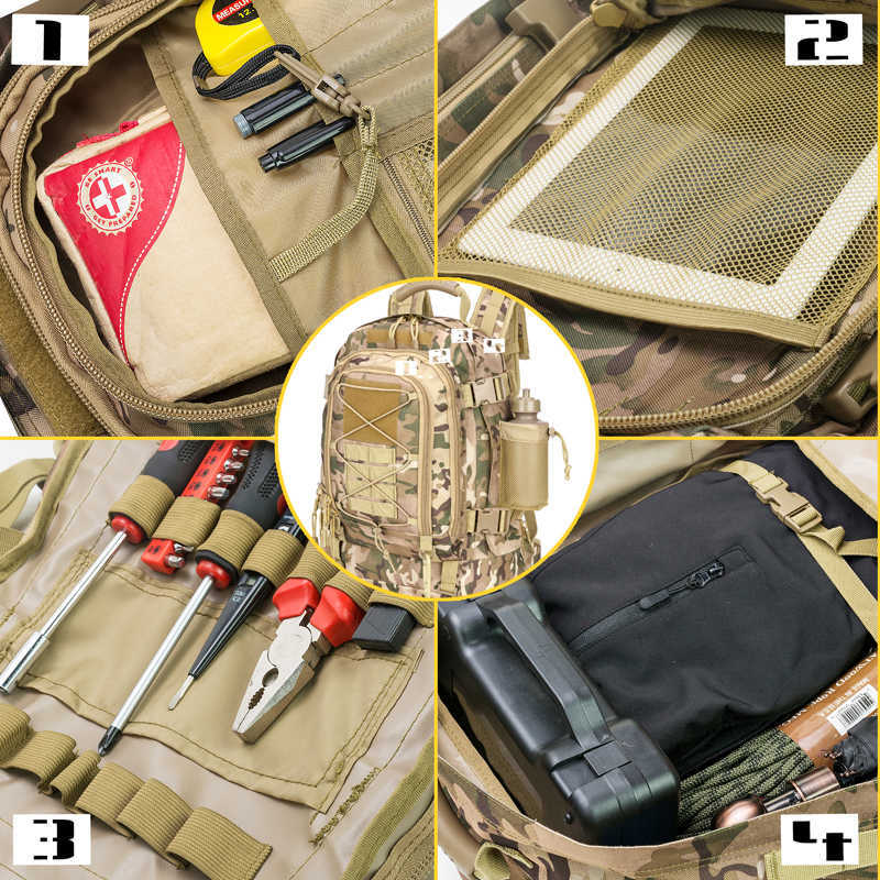 Grande capacité militaire tactical sac à dos armée assaut à sac de bord extérieur 3 jours de voyage extensible Randonnée de randonnée MOLLE BUG OUT SAG 230412