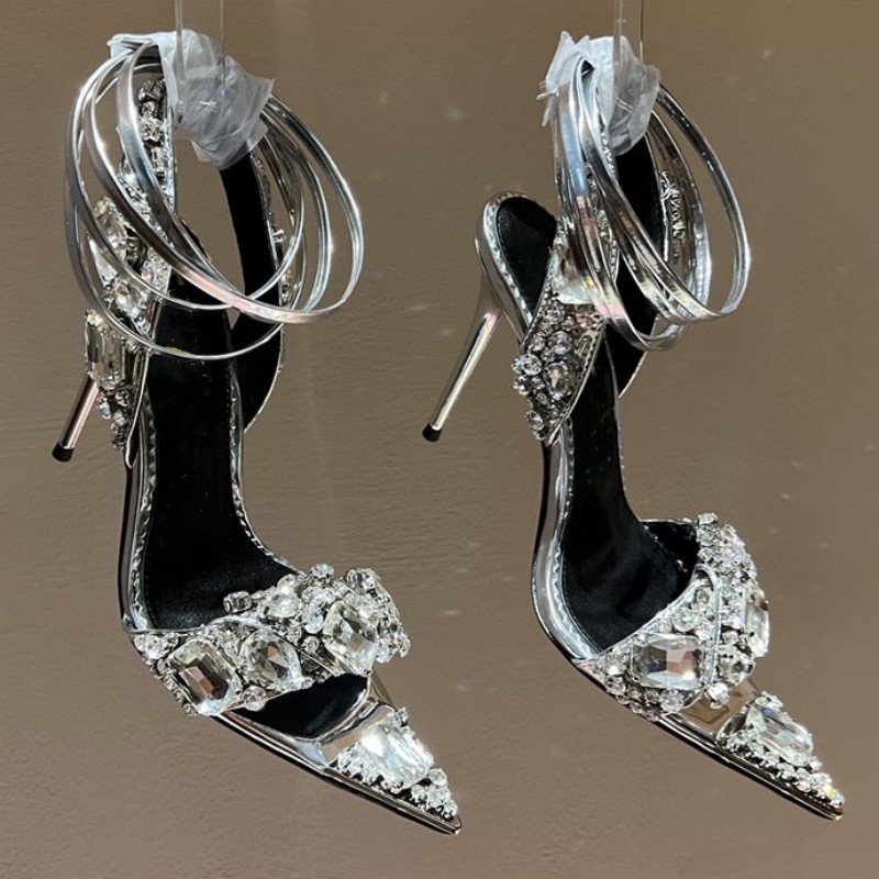 클래식 패션 여성 샌들 브랜드 디자인 크리스탈 발목 하이힐 10.5cm 뾰족한 스틸레토 결혼 축하 댄스 라인스톤 마지막 디자인 여성 신발 플러스 42