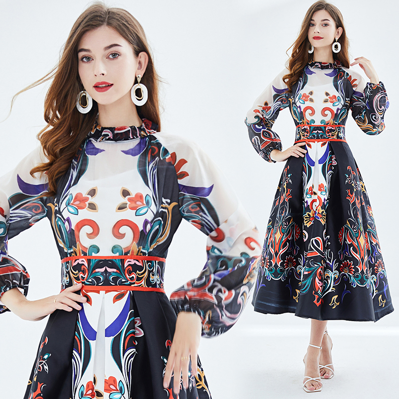 Kvinnor grundläggande avslappnade klänningar Ny landningsbanan Summer Floral Vacation Dress Vintage Women Stand Collar Chiffon Flower Print Lantern Sleeve Ball Gown Midi Vestidos 2024