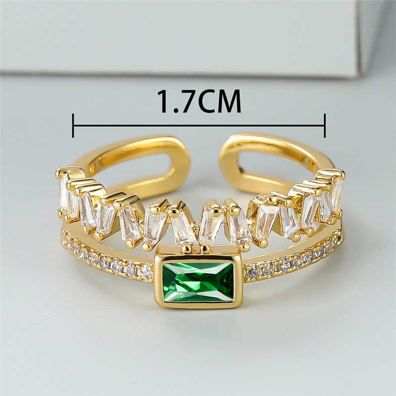 Band Rings Vintage Gold Color Wedding Ring White Zircon Double Layer Opening Ring Green Crystal Rectangle Stone Rings For Women Men Jewelry AA230412