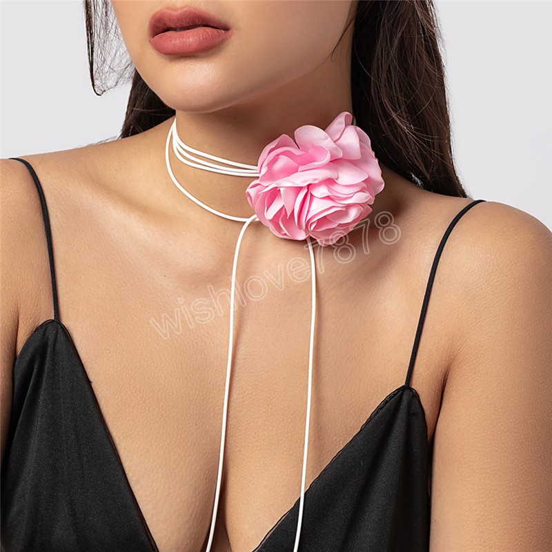 Elegant Goth Satin Surface Rose Flower Clavicle Chain Necklace Women Adjustable Choker Wed Jewelry Y2K Accessories