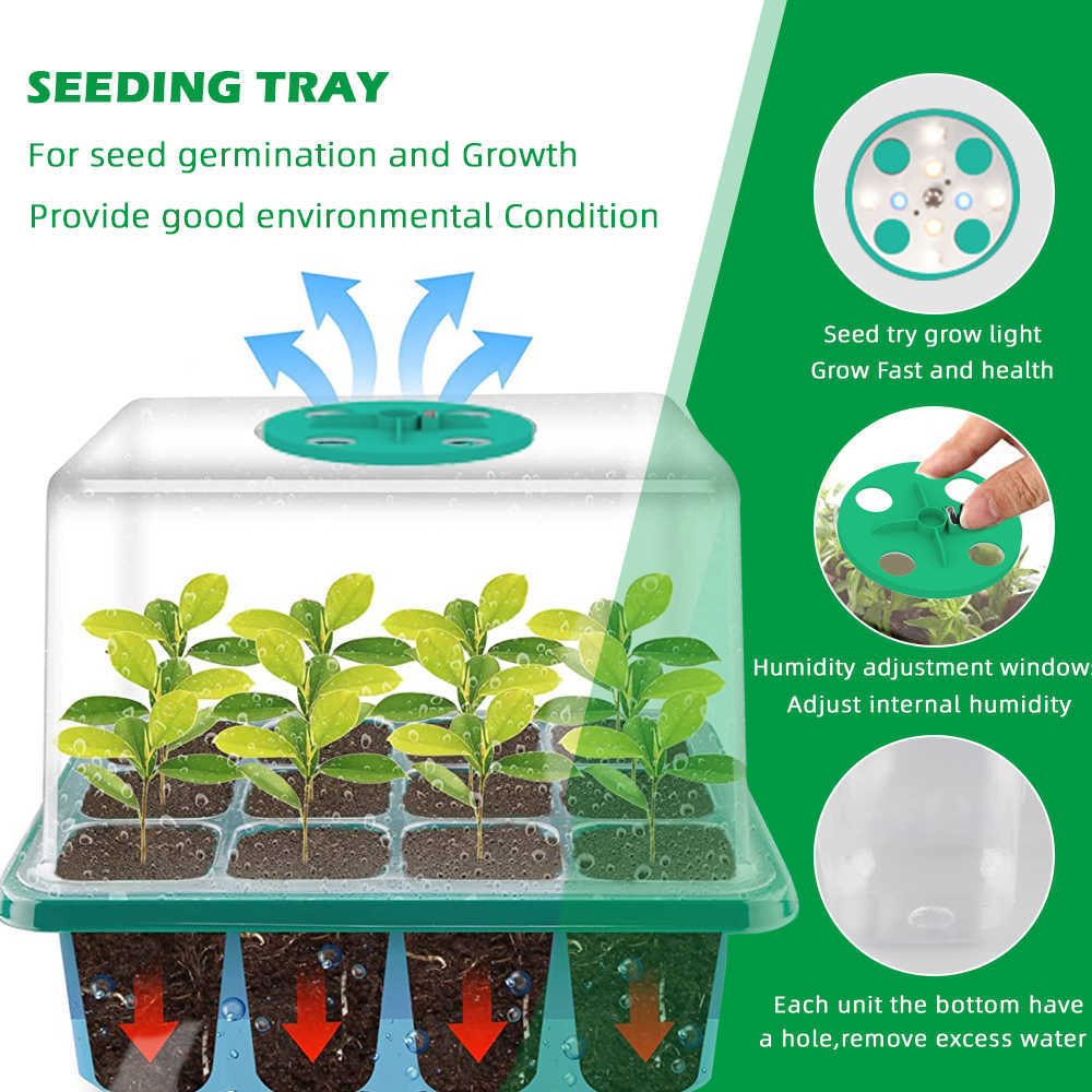 Grow Lights 5 Pack Plant Seed Starter Trays Kit plantor Tray Starter med Grow Light växthus som växer brickor med hål 12 Cell bricka P230413