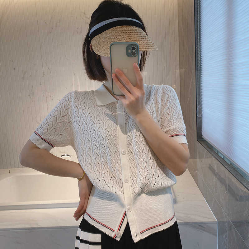 Fashion Brand Tom Summer Polo Neck Wool Sweater Thread Knitted Women's Short-sleeved T-shirt Short Design Top