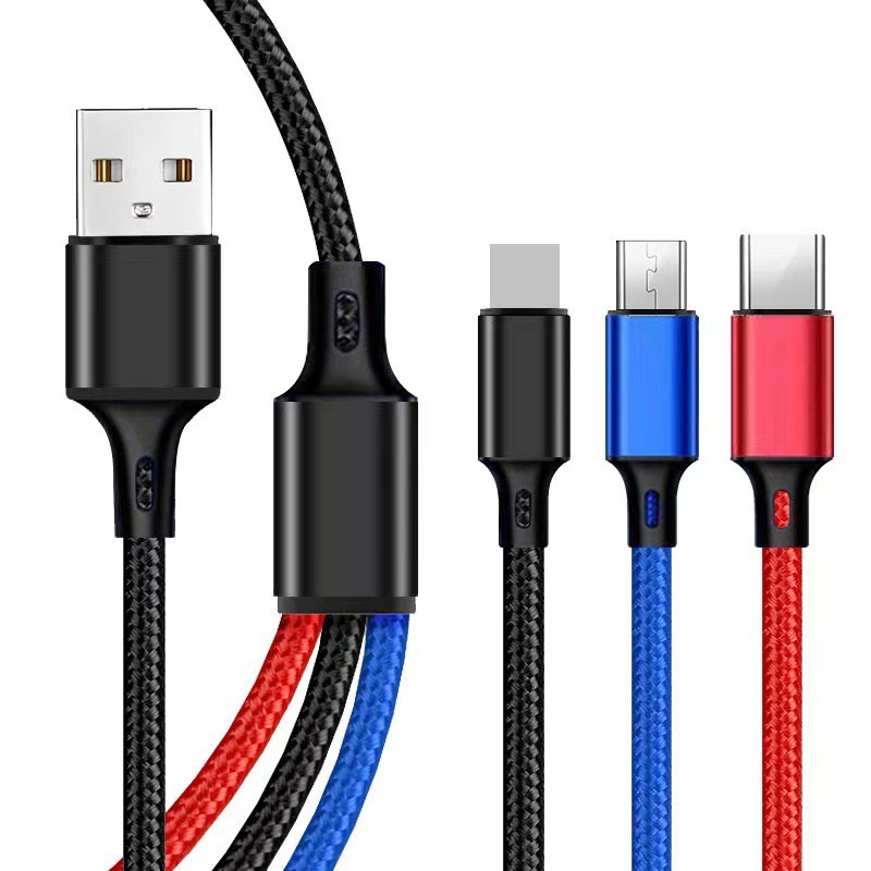 1,2 m 3 w 1 nylonowe dane oparte Dane ładujące wiele kabli ładowania USB 3A Kabel iOS typ C Micro dla iPhone'a Samsung Huawei LG z pudełkiem detalicznym