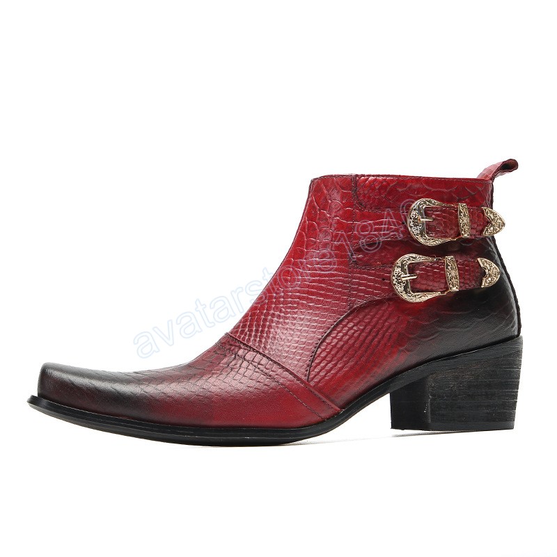 Формальная мужская обувь с квадратным носком, красные классические ботинки большого размера из натуральной кожи для мужчин, ботильоны с мотоциклетной пряжкой