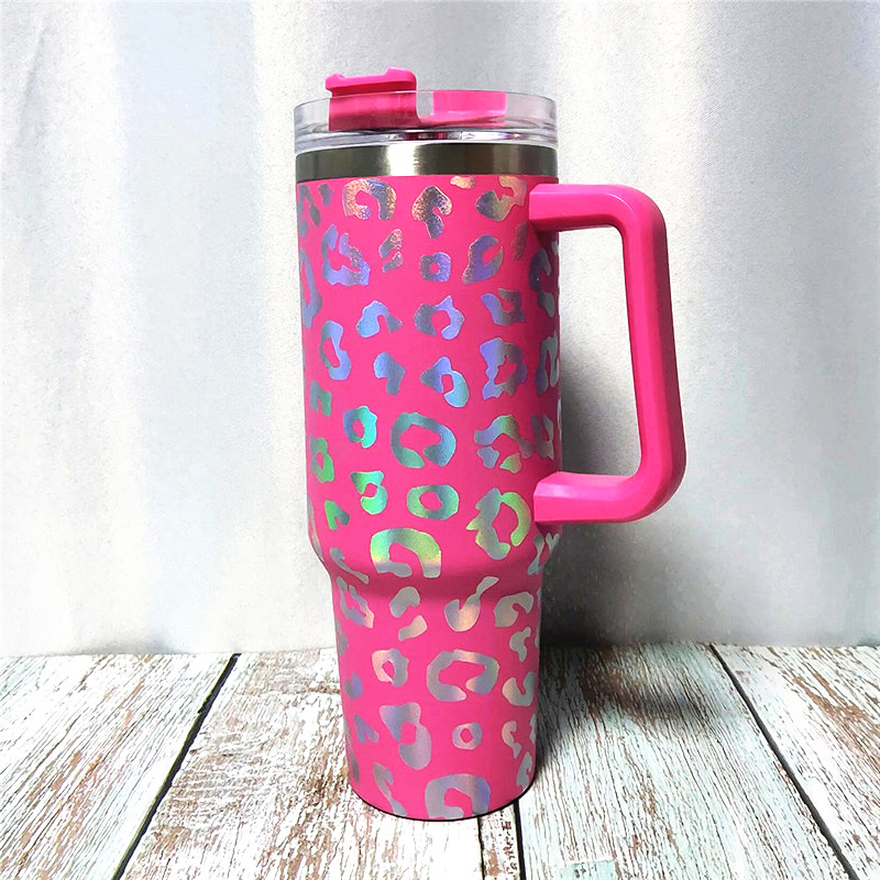 UV Leopard 40oz Handle Tumblers 1200 ml rostfritt stål Vattenflaskor Färgglada drickskoppar Dubbelväggisolerad tumlare med luft A12