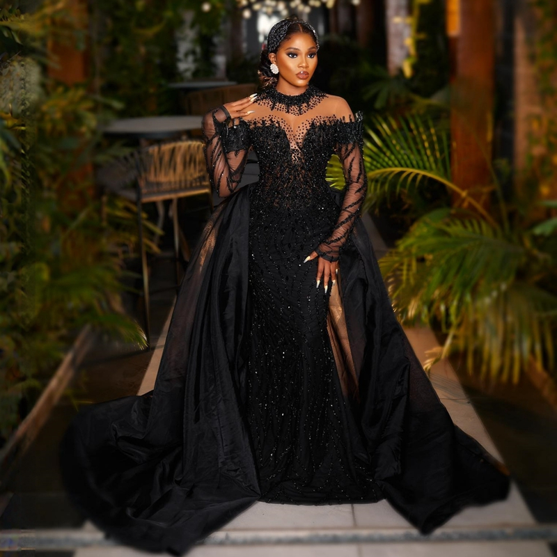 Plus Size Aso Ebi Sirena Abiti da ballo Maniche lunghe in tulle Africano Nero Ragazze Glitter Paillettes Pizzo Cristallo Tulle Ruffles Perline Abiti da festa da sera Robe De Bal Party