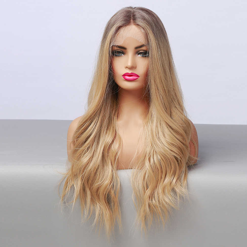 Синтетические парики Easihair Long Wave Curace Front Wig для женщин Brown Blonde Ombre Синтетические парики высокой плотности с устойчивыми к детским волосам 230227