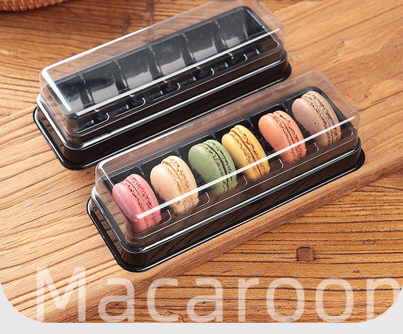 Boîte d'emballage de macaron à 6 cavités Boîte d'emballage de cuisson rectangulaire en plastique noir avec couvercle transparent SN4123