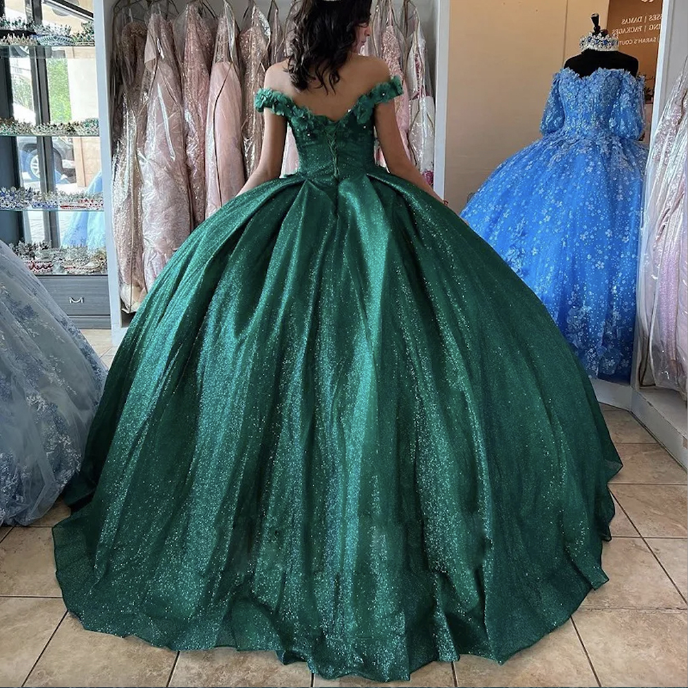 Twinkle Quinceanera Dresses Dark Green Glitter Sweet 15 Gown Handmade Flower Bead Teen Girls Birthday Party Dress