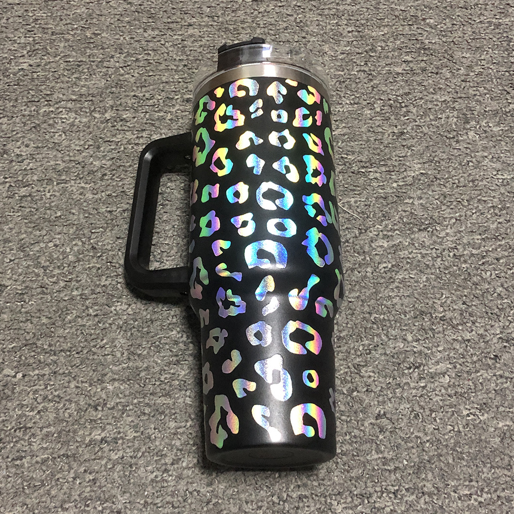 40oz holographic leopard tumbler with handle lid straw big capacity iridescent water bottle outdoor camping cup vacuum insulated travel mugs