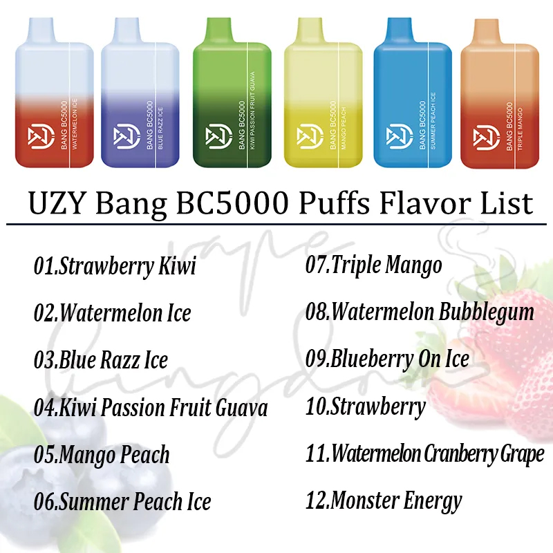 Uzy bang BC5000 BC5000 Puffle Dernivins E Cigarettes 1,2 ohm Mesh Bobine 12 ml POD BATTERIE RECHARAGE CIGS ELECTRONIQUE PUFS 5K 0% 2% 3% 5% Kit de vape jetable