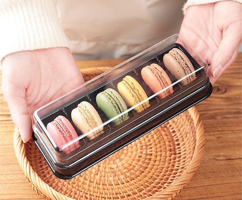 6 Cavity Macaron Packing Box Black Plastic Rectangular Baking Packing Box med Clear Lock SN5208