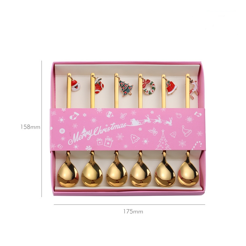 Ensemble de couverts en acier inoxydable 6 pièces/ensemble, coffret cadeau de noël pour enfants avec pendentif de noël, fourchettes à fruits, cuillère à café Q718