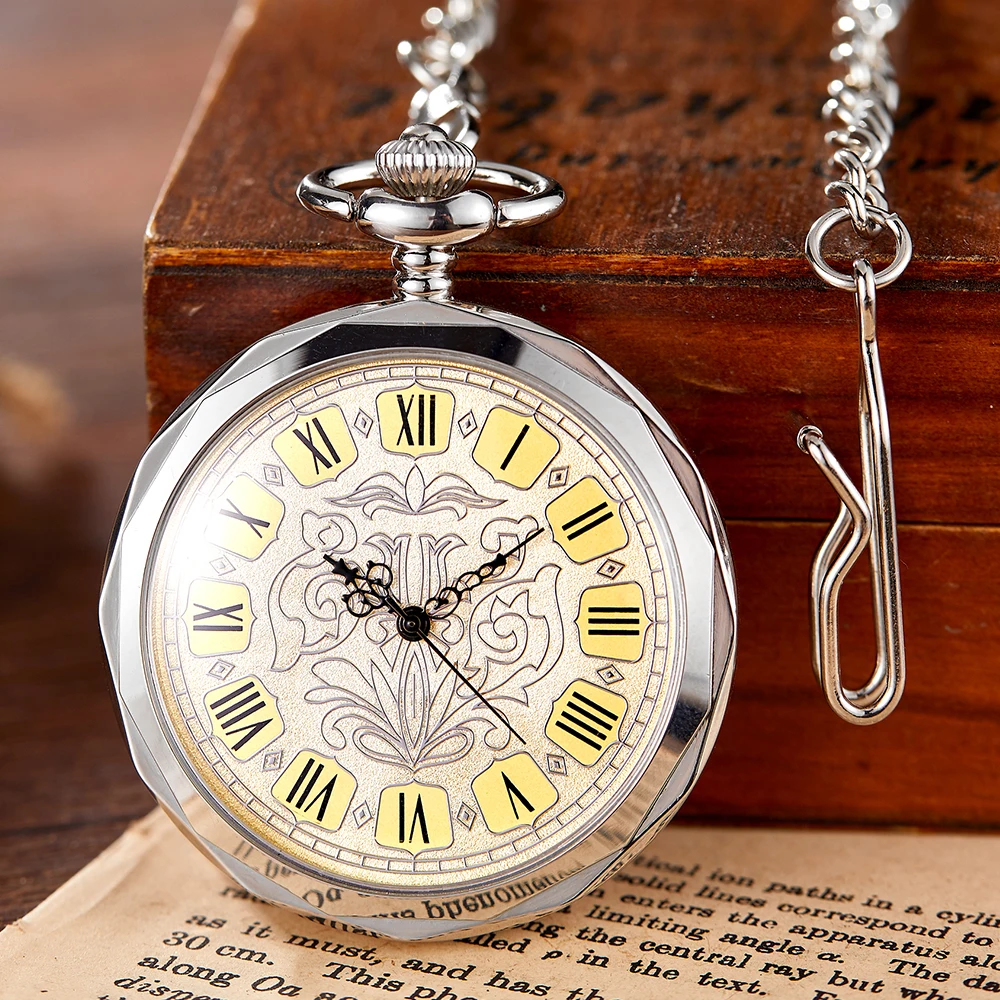 Silver Hollow Mechanical Pocket Watch Męski luksusowy wzór grawerowany zegar rzymski łańcuch cyfrowy Women Relogio Masculino