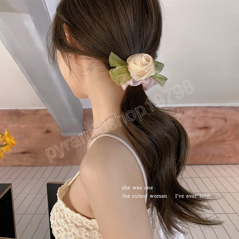 Koreaanse vrouw Rose Blossom Design Elastics Hair Band Girls Leuke gaas scrunchies Hair Ties Ladies Ponytail Houd haaraccessoires vast