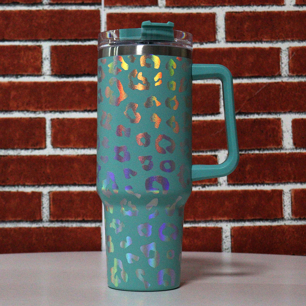 40oz holographic leopard tumbler with handle lid straw big capacity iridescent water bottle outdoor camping cup vacuum insulated travel mugs