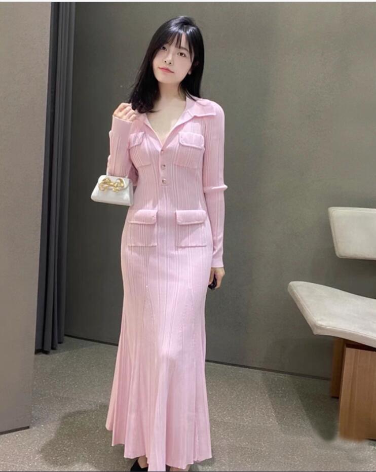 Nouveau Col POLO rose auto * p-ortrait coupe cintrée tricotée manches courtes robe longue robe Yuan