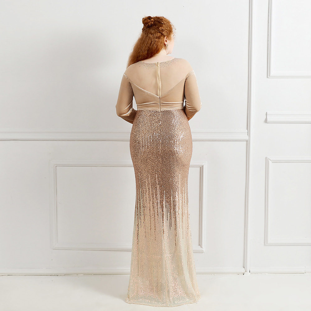 Neues elegantes durchsichtiges Velours-Abendkleid-Frauen-langärmliges Kleid-Pailletten-Partei-Kleid-Robe-Soiree-elegantes formelles Kleid