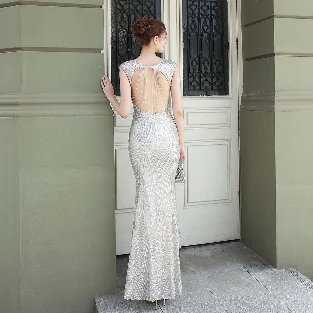 PLUE S IZE SEXY V Neck Backless paljett Evening Dress New Women Party White Beads Maxi Dress