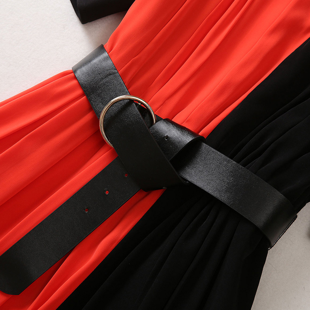 Verão preto vermelho contraste cor vestido com cinto manga curta gola alta painéis midi vestidos casuais A3A101526