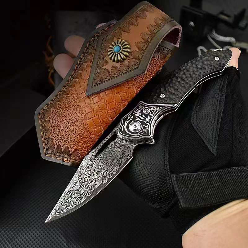 Forged VG10 Damascus Folding Knife Particulate Ebony wood Handle With Leather Sheath Outdoor Hunting Self Defense EDC Tool Pocket Camping Knives