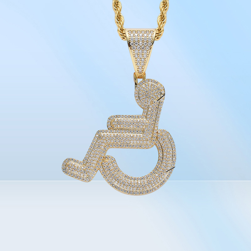 Nuova collana con ciondolo con segno disabili su sedia a rotelle ghiacciata, regalo di gioielli hip-hop da uomo placcato in argento dorato8710732