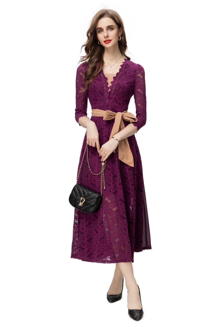 Women's Runway Dresses Sexy V Neck Long Sleeves Lace Up Bow Patchwork Lace Fashion A Line Mid Vestidos