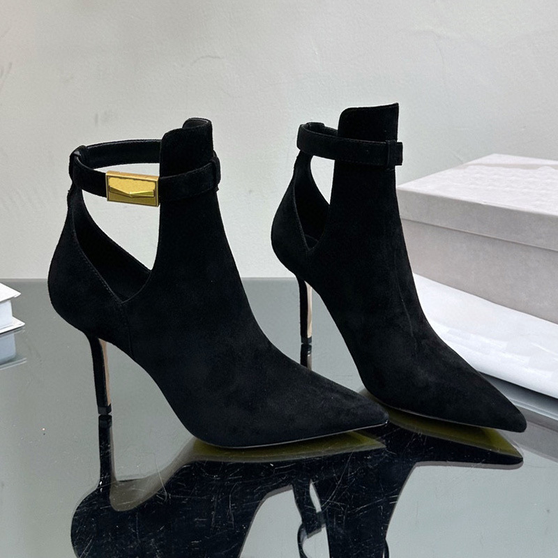 Bottines à talons hauts et fins pour femmes, bottes courtes en cuir véritable à bout pointu ajouré, printemps et été