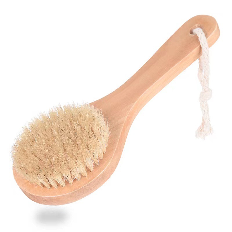 Spazzola il corpo la pelle secca con manico corto in legno Setole di cinghiale Scrubber doccia Massaggiatore esfoliante