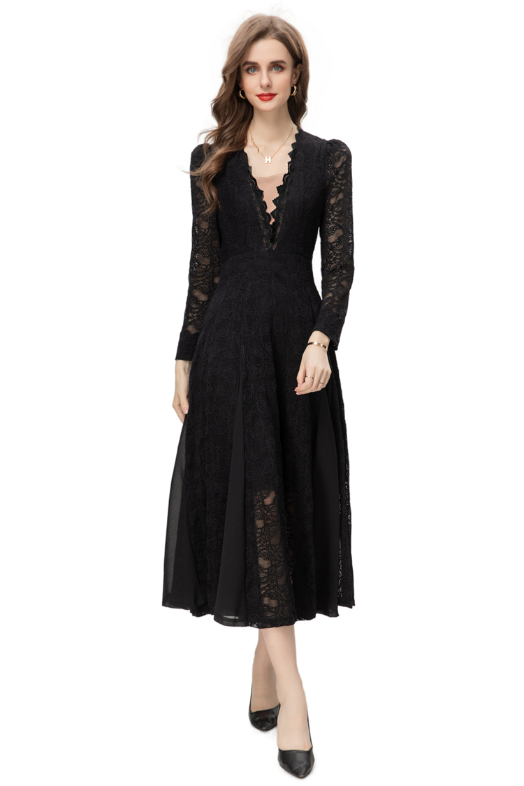 Women's Runway Dresses Sexy V Neck Long Sleeves Lace Up Bow Patchwork Lace Fashion A Line Mid Vestidos
