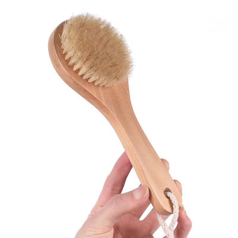 Spazzola il corpo la pelle secca con manico corto in legno Setole di cinghiale Scrubber doccia Massaggiatore esfoliante