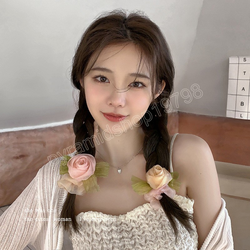 Koreaanse vrouw Rose Blossom Design Elastics Hair Band Girls Leuke gaas scrunchies Hair Ties Ladies Ponytail Houd haaraccessoires vast