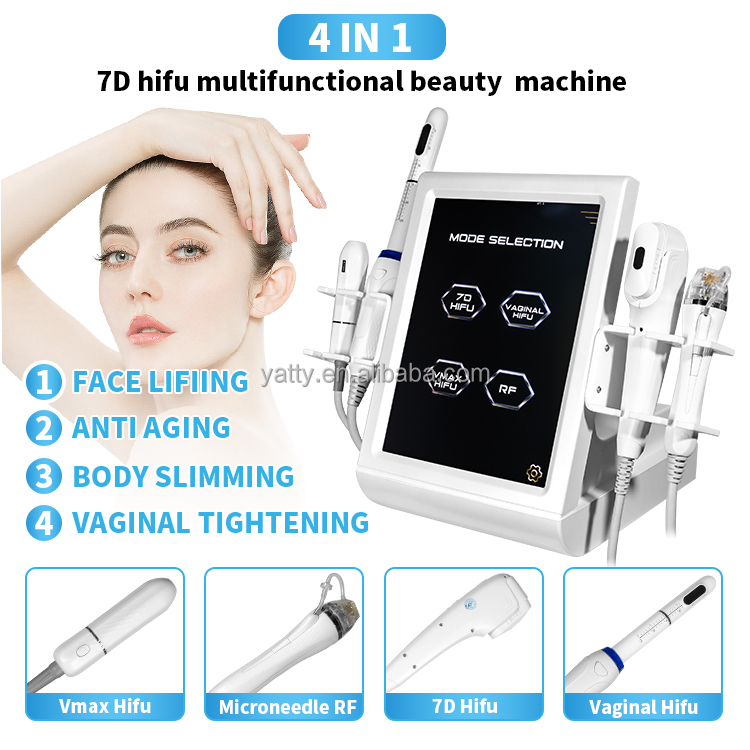 Machine Hifu Multifonction 4 en 1 Lifting du Visage Resserrement de la Peau Équipement de Beauté avec RF Microneedle, Vmax, Hifu Vaginal, 7D Hifu, pour Anti-âge, Élimination des Vergetures