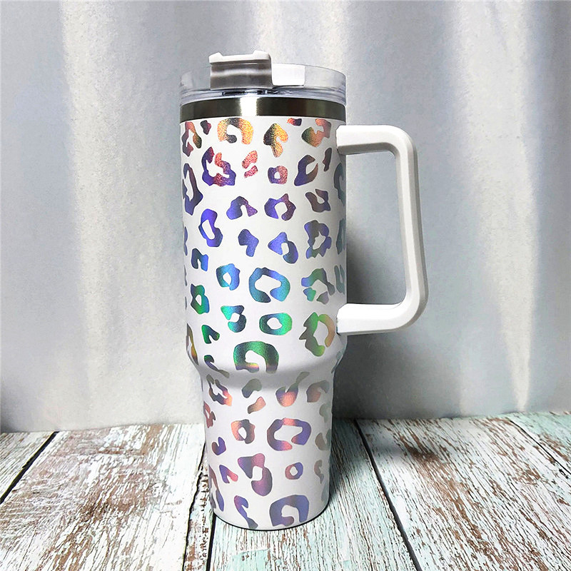 UV Leopard 40oz Handle Tumblers 1200 ml rostfritt stål Vattenflaskor Färgglada drickskoppar Dubbelväggisolerad tumlare med luft A12