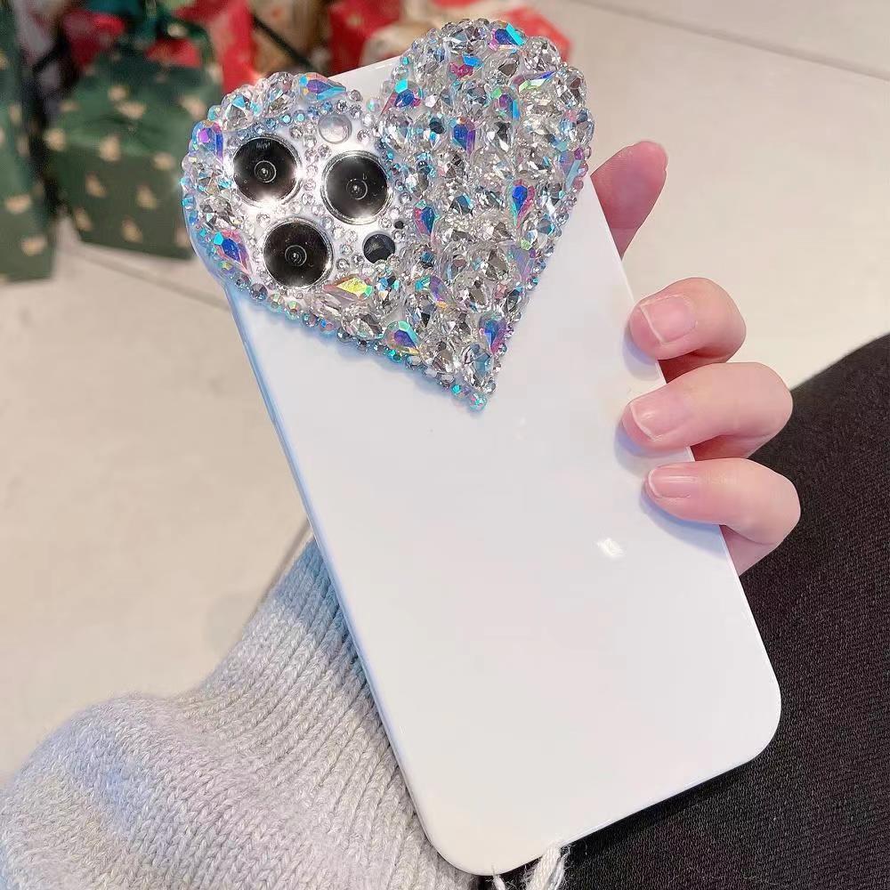 3D Love Heart Pling Diamond Face for iPhone 15 Plus 14 13 Pro Max 12 11 X XR XS 8 7 6 SE2 FUSHING FASHION