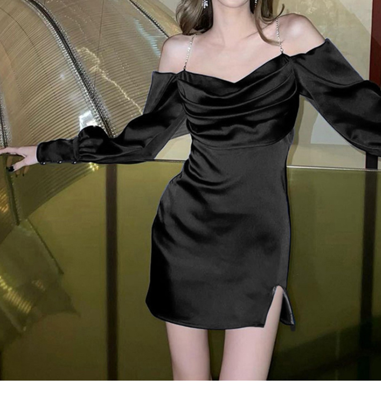 Robes de soirée pour femmes chaînes spaghetti sangle satin tissu épaules dénudées manches longues courtes slim vestidos SML