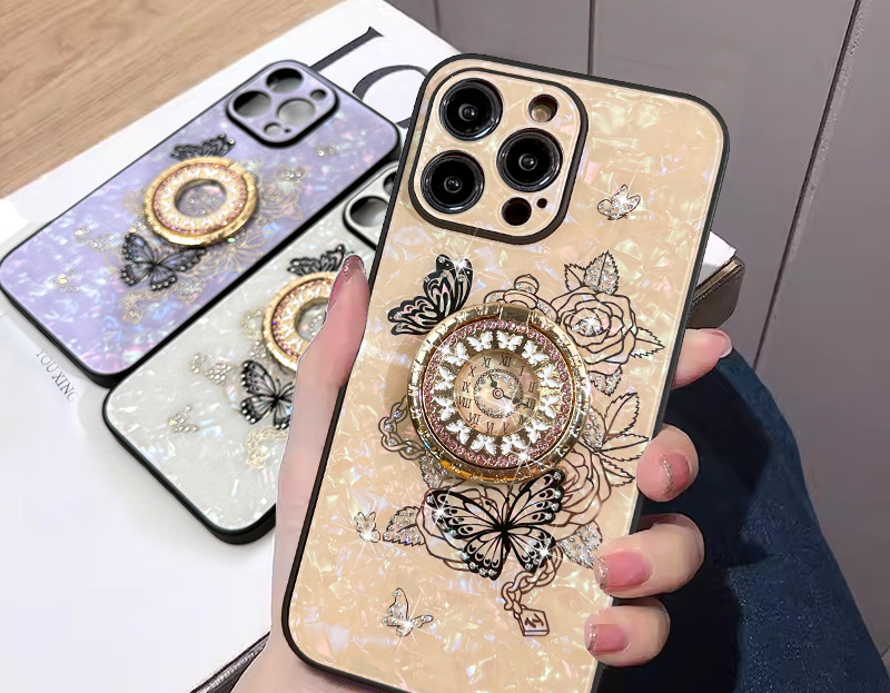 Tybomb Butterfly Bling Diamond Holder Falls för iPhone 15 14 Plus 13 Pro Max 12 11 Luxury Clock Flower Hard PC Plast TPU Rhinestone 360 ​​Finger Ring Kickstand Cover