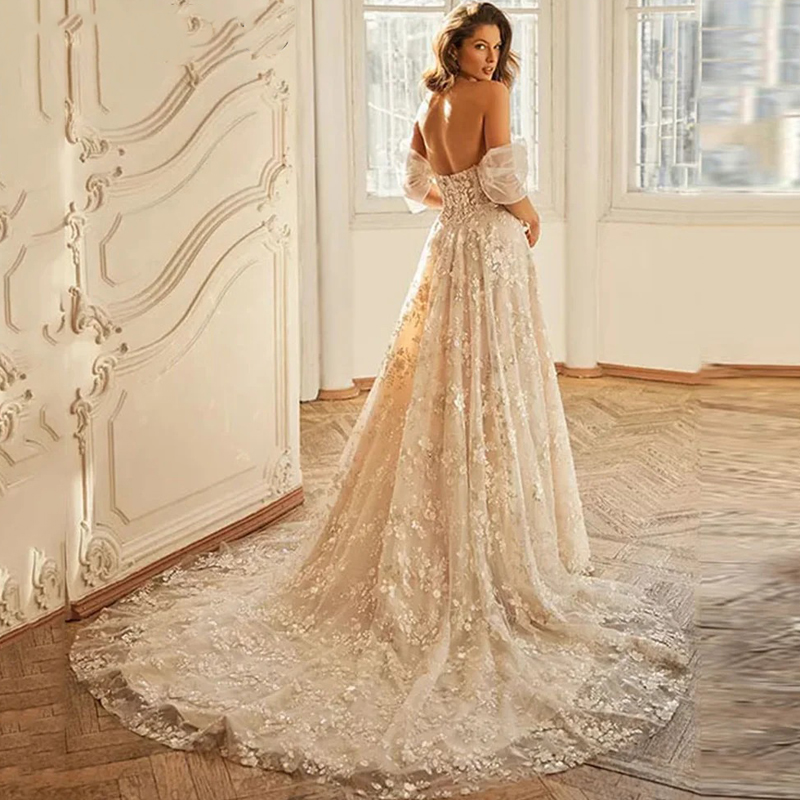 Robes de mariée en dentelle, épaules dénudées, manches longues, grande taille, avec des Appliques 3D, avec traîne de balayage