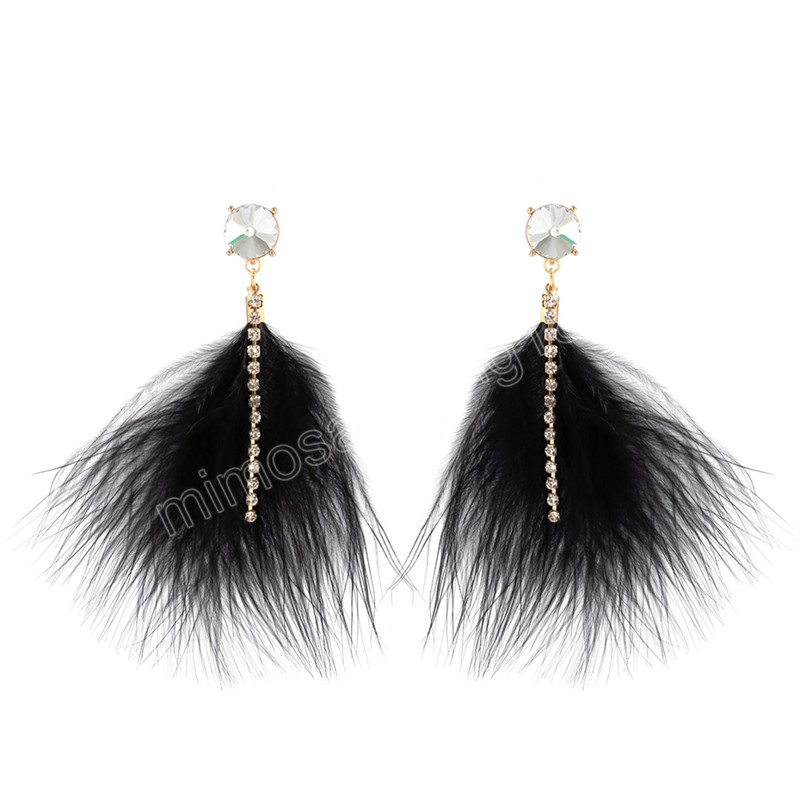 Boho blanc noir véritable plume boucles d'oreilles pour femmes créatif Long gland strass boucles d'oreilles mariage fête bijoux