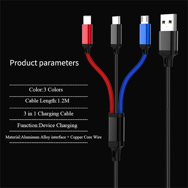 1,2 m 3 w 1 nylonowe dane oparte Dane ładujące wiele kabli ładowania USB 3A Kabel iOS typ C Micro dla iPhone'a Samsung Huawei LG z pudełkiem detalicznym