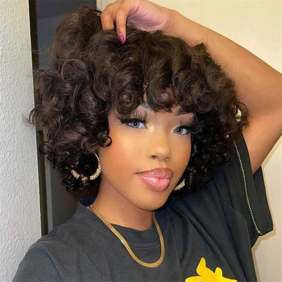 Hair Wigs Rose Curly Wig with Bangs Fumi Human Full Machine Made Deep Wave Short Bob for Black Women Water Virgin Brazilian Pixie Cut 230413