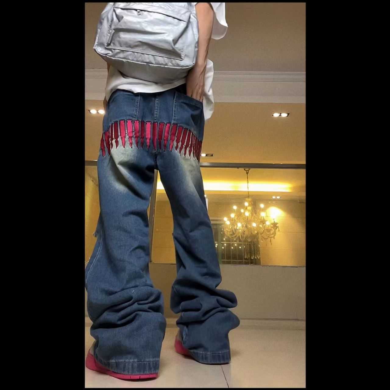 Heren jeans high street borduurwerk gescheurd rechte heren jeans mannen en vrouwen Amerikaanse hiphop retro losse pijpen met brede pijpen baggy jeans w0413